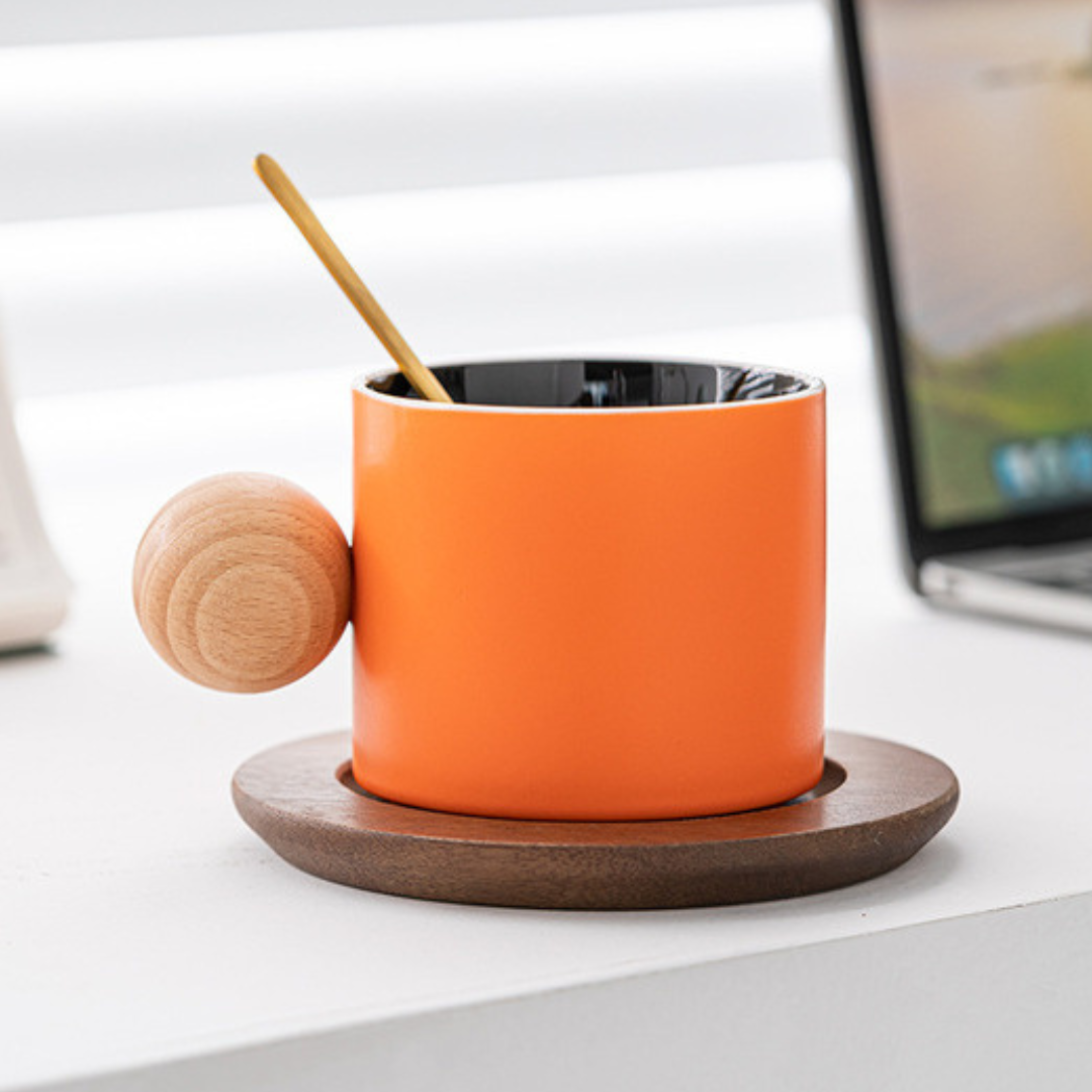 Stoneware Coffee Cup With Wooden Coaster & Golden Spoons