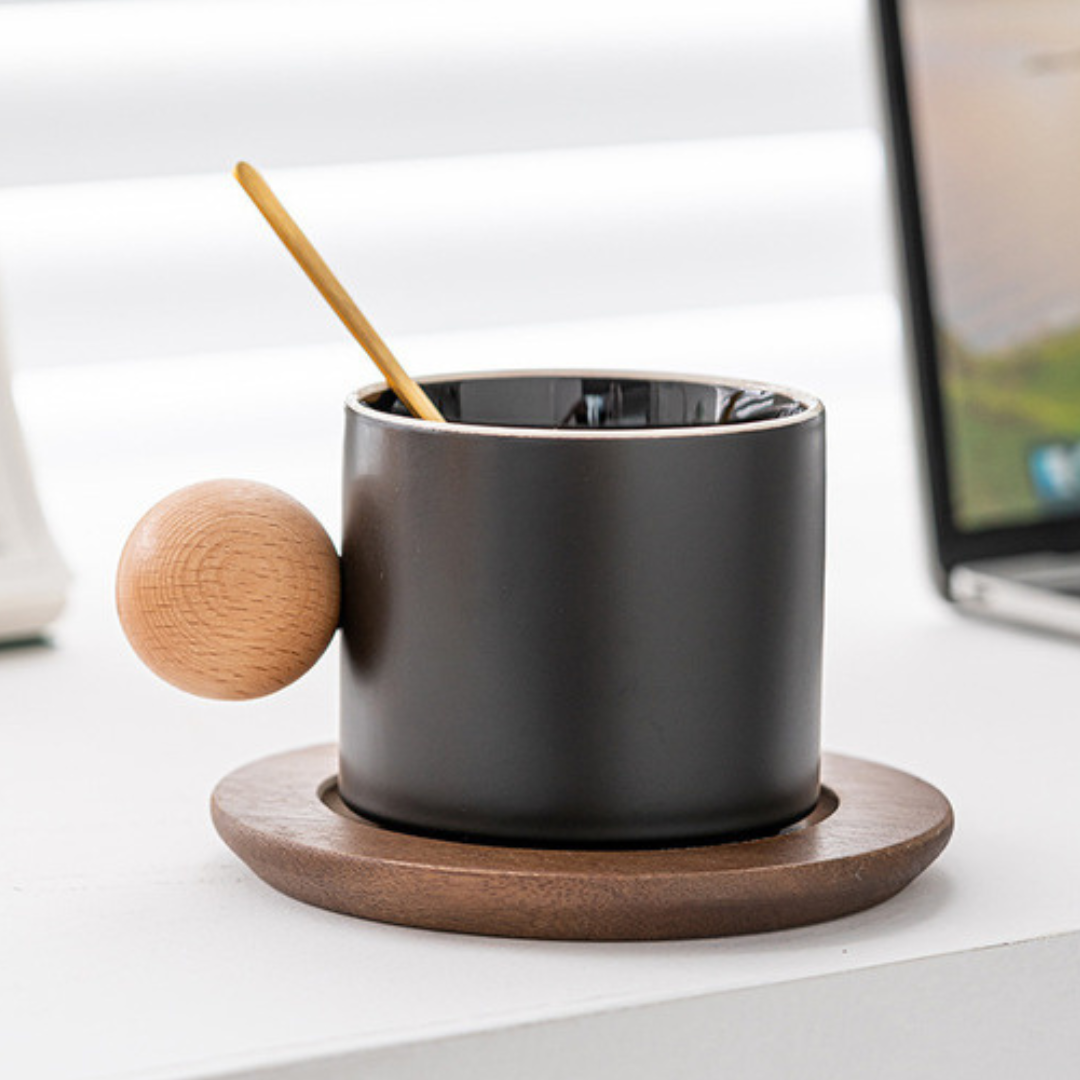Stoneware Coffee Cup With Wooden Coaster & Golden Spoons
