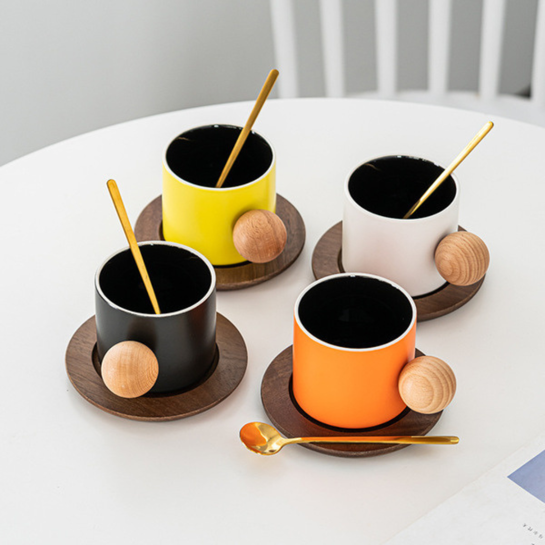 Stoneware Coffee Cup With Wooden Coaster & Golden Spoons