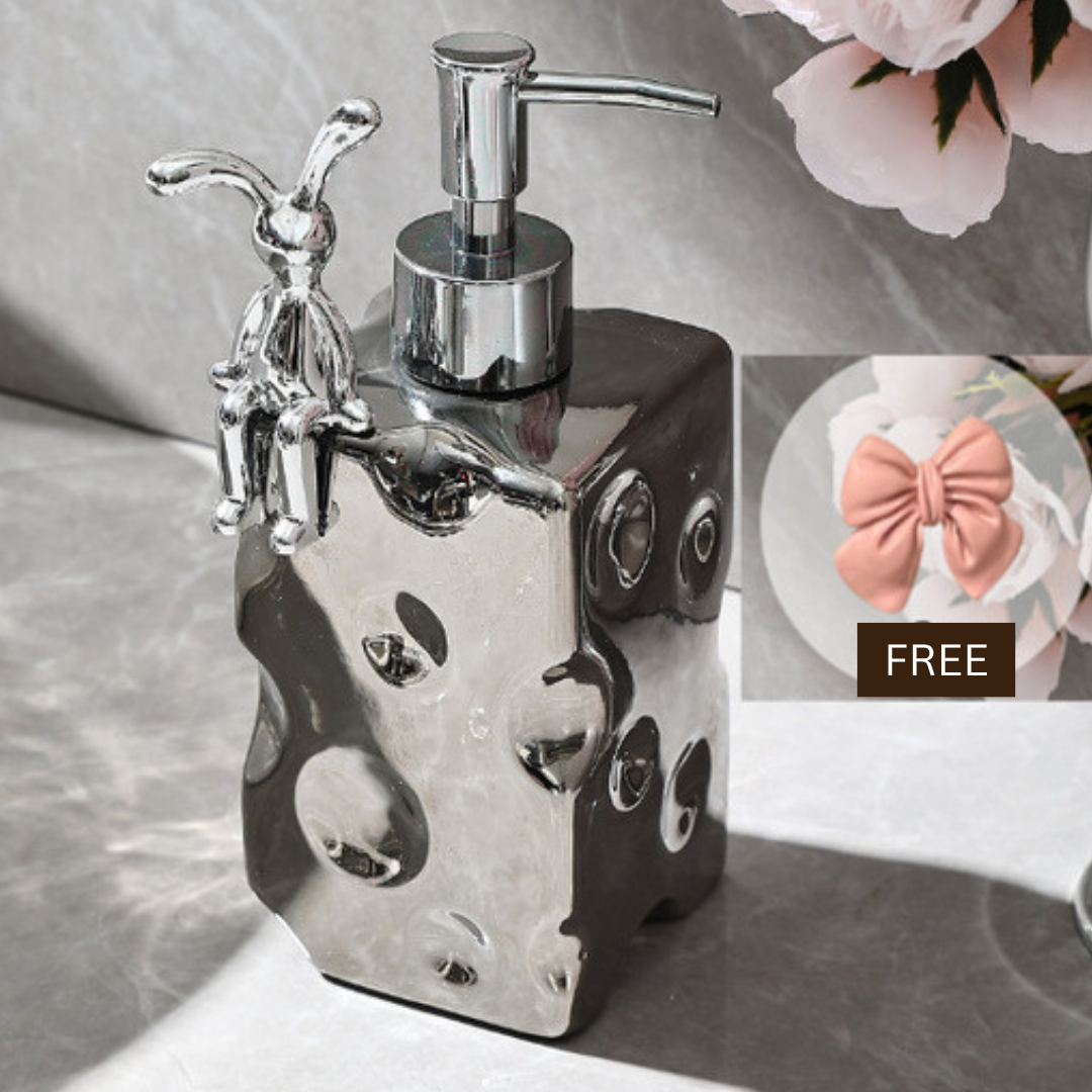 Silver Ceramic Soap Dispenser with Rabbit Decoration – 600ml