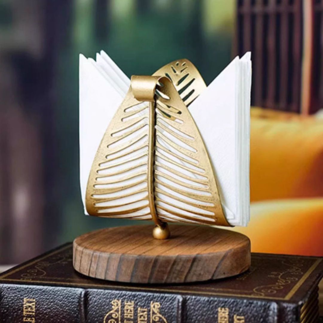 Matte Gold Filigree Leaf & Wooden base Ultra Luxury Paper Napkin Holder