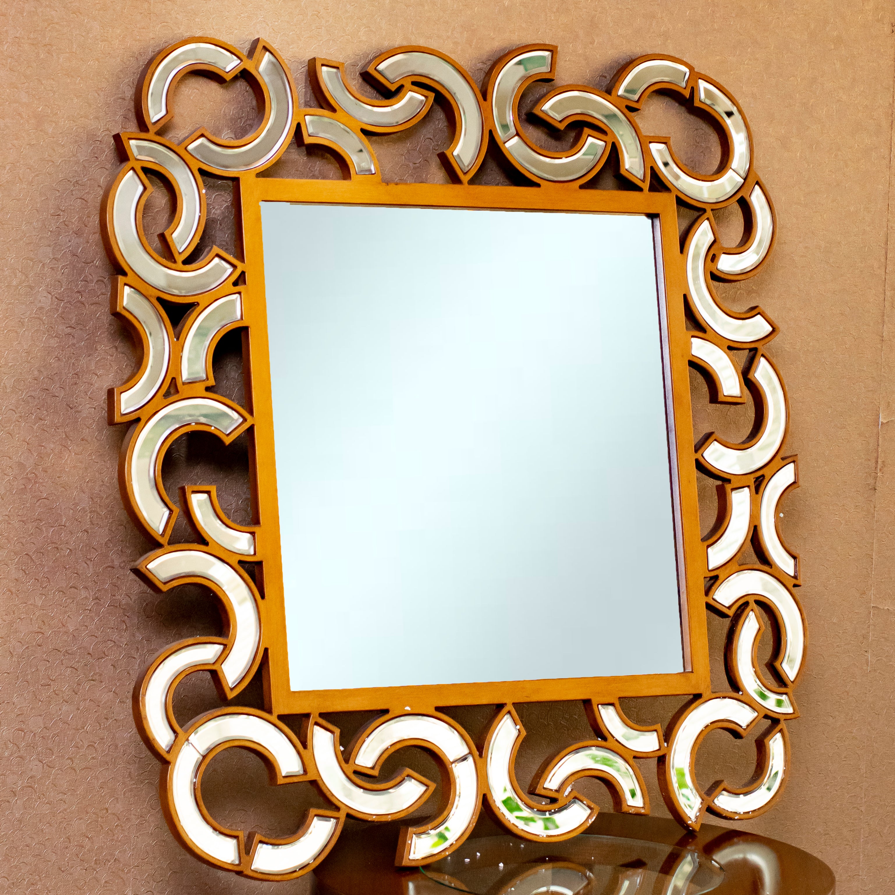 Accent Wall Mirror Square Shaped in Wood & Glass Frame