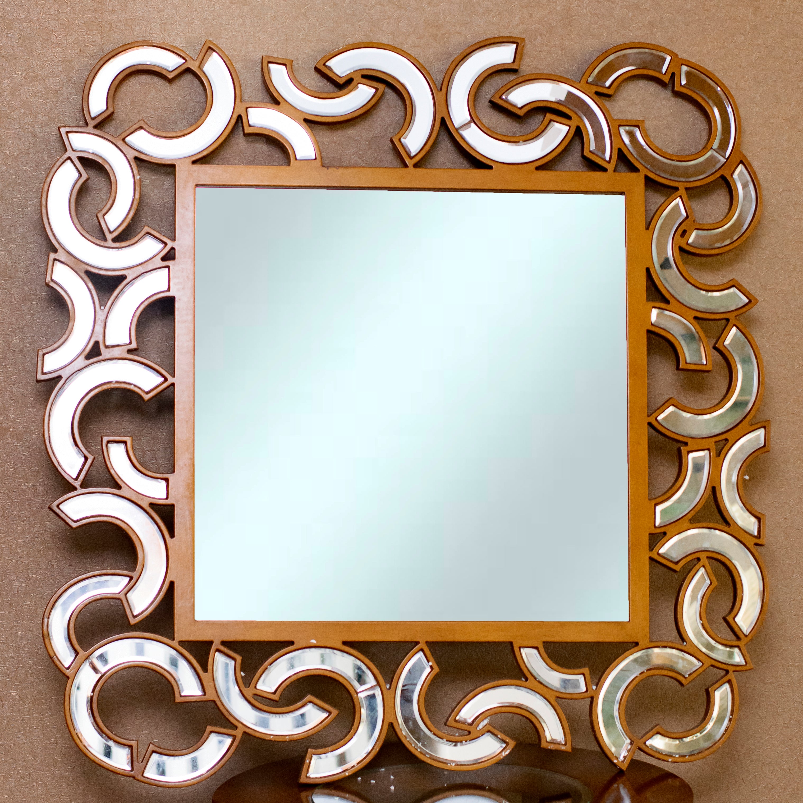 Accent Wall Mirror Square Shaped in Wood & Glass Frame