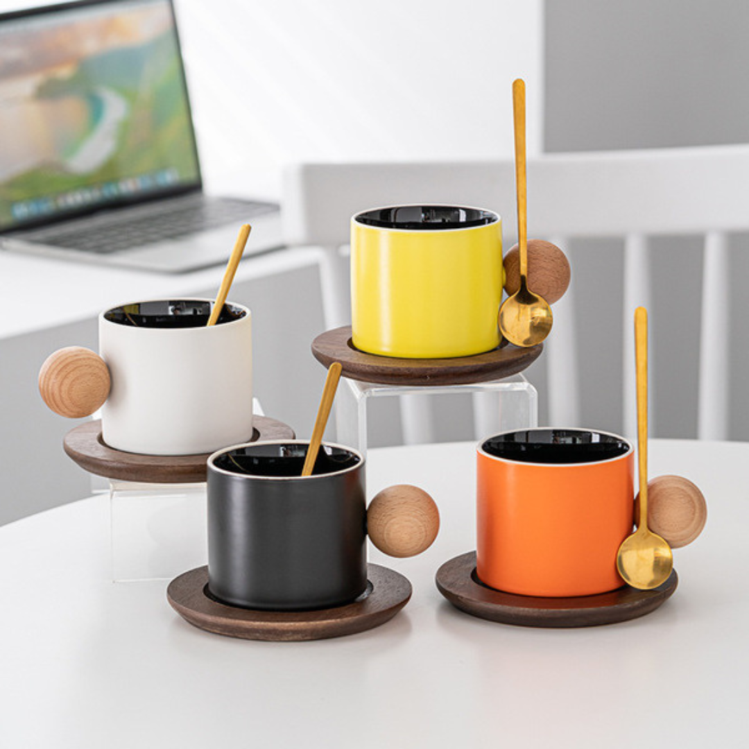 Stoneware Coffee Cup With Wooden Coaster & Golden Spoons