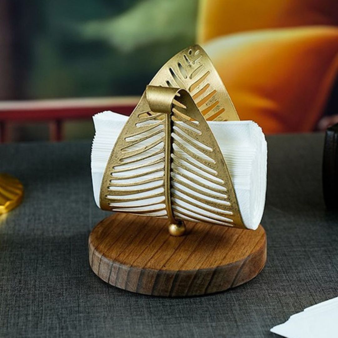 Matte Gold Filigree Leaf & Wooden base Ultra Luxury Paper Napkin Holder