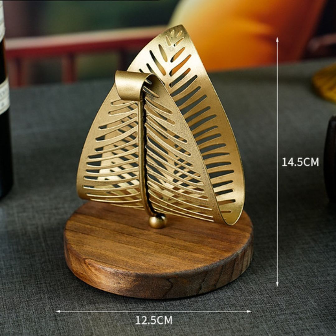 Matte Gold Filigree Leaf & Wooden base Ultra Luxury Paper Napkin Holder