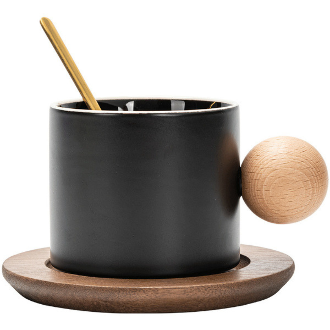 Stoneware Coffee Cup With Wooden Coaster & Golden Spoons