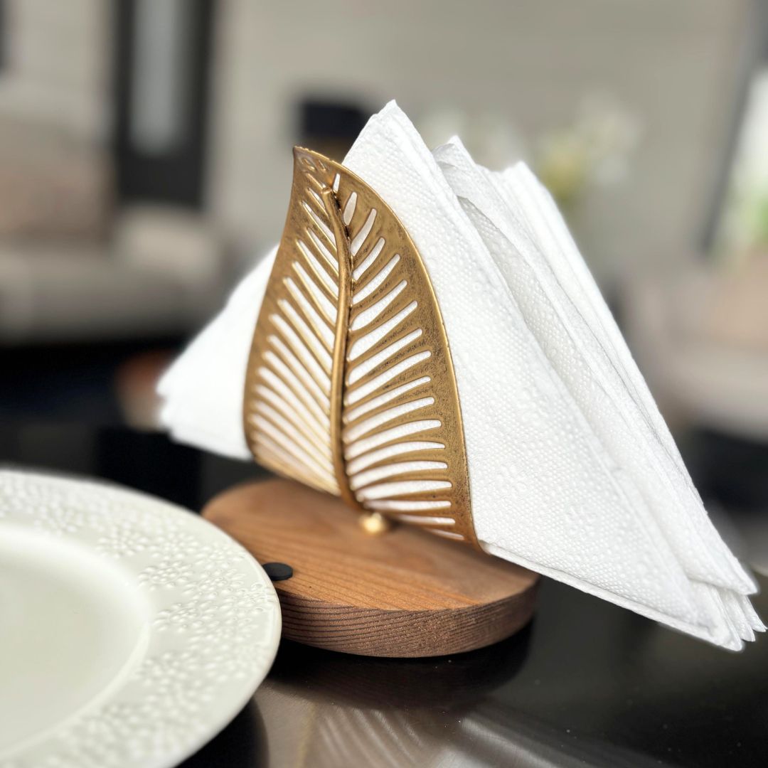 Matte Gold Filigree Leaf & Wooden base Ultra Luxury Paper Napkin Holder