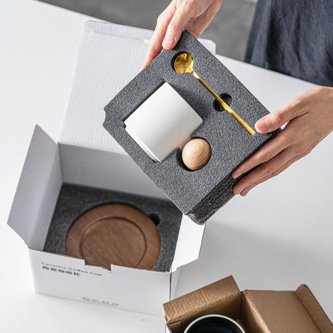 Stoneware Coffee Cup With Wooden Coaster & Golden Spoons