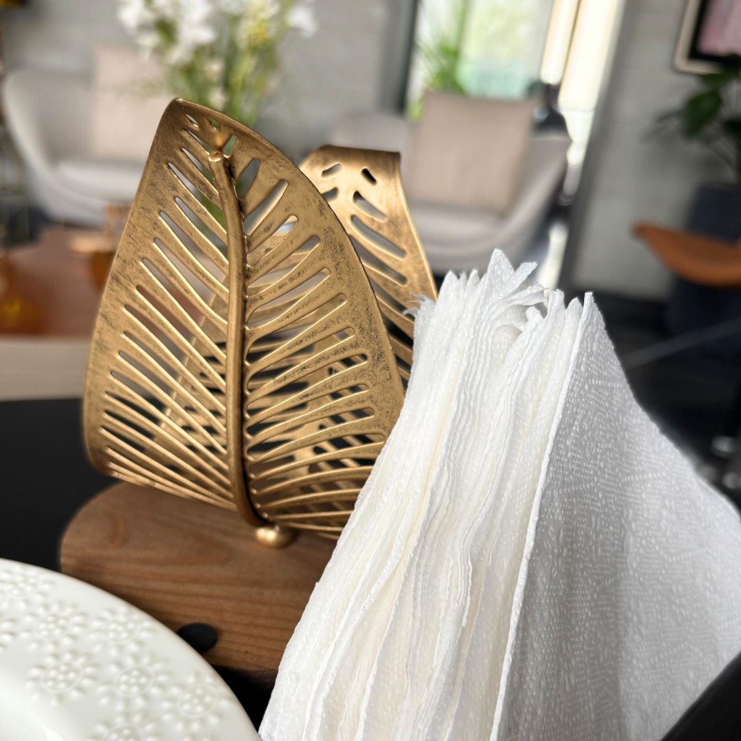 Matte Gold Filigree Leaf & Wooden base Ultra Luxury Paper Napkin Holder