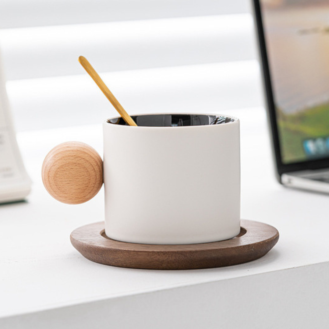 Stoneware Coffee Cup With Wooden Coaster & Golden Spoons