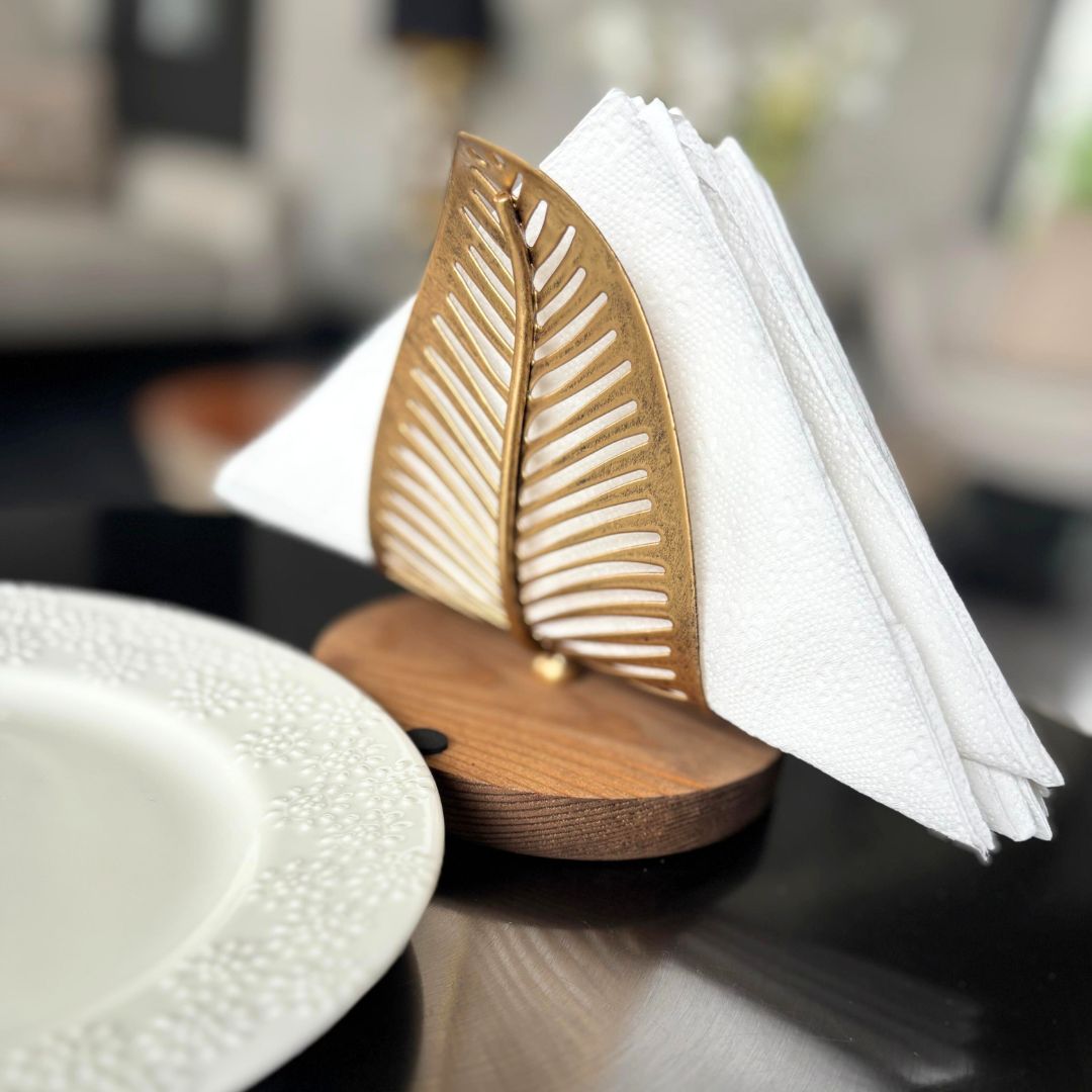 Matte Gold Filigree Leaf & Wooden base Ultra Luxury Paper Napkin Holder