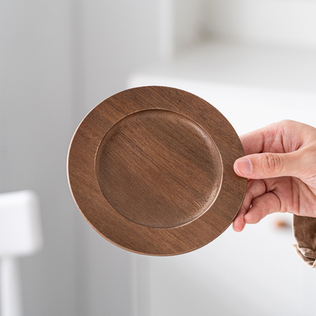 Stoneware Coffee Cup With Wooden Coaster & Golden Spoons