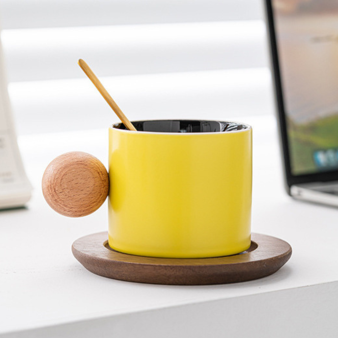 Stoneware Coffee Cup With Wooden Coaster & Golden Spoons
