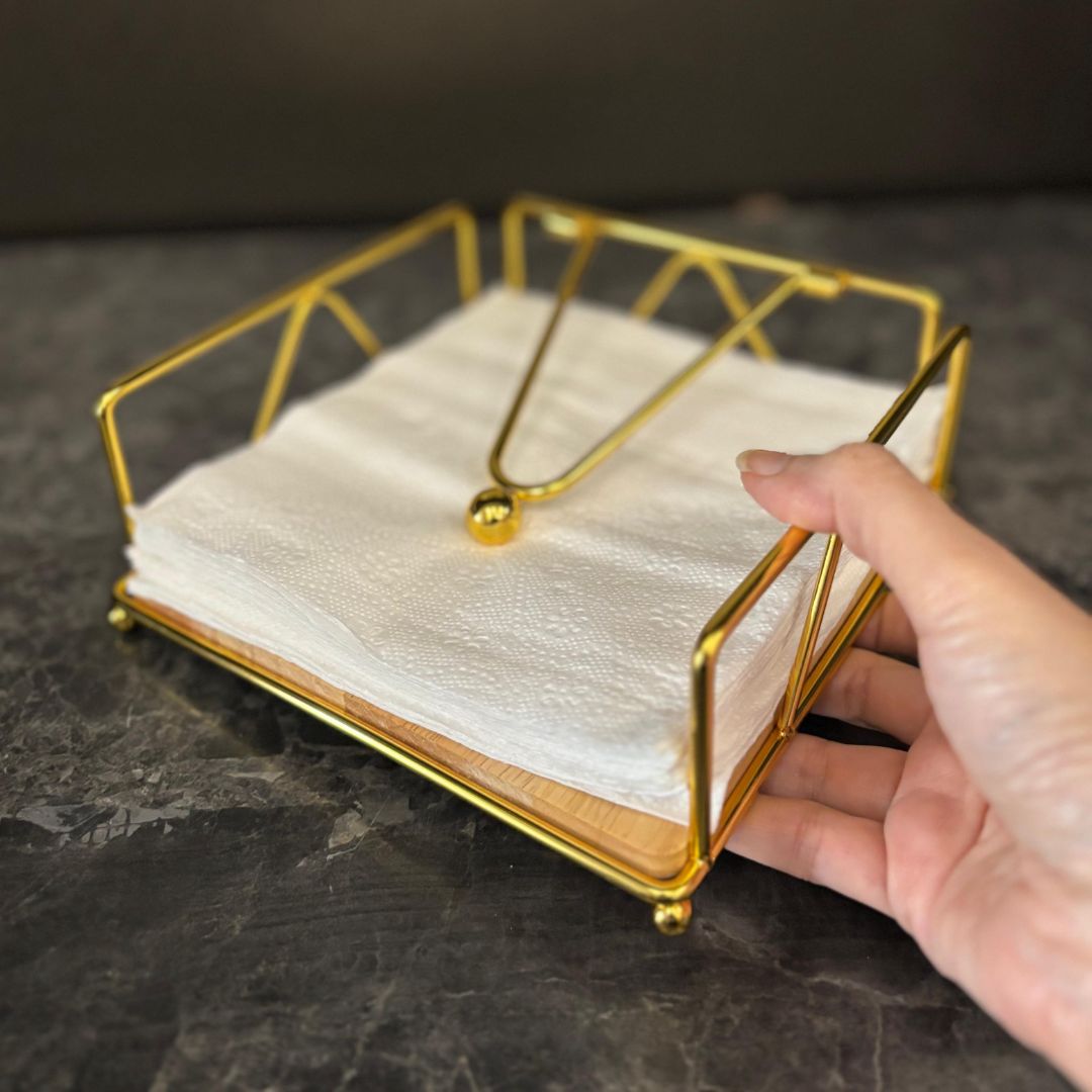Large Nordic Wood & Gold Napkin Holder