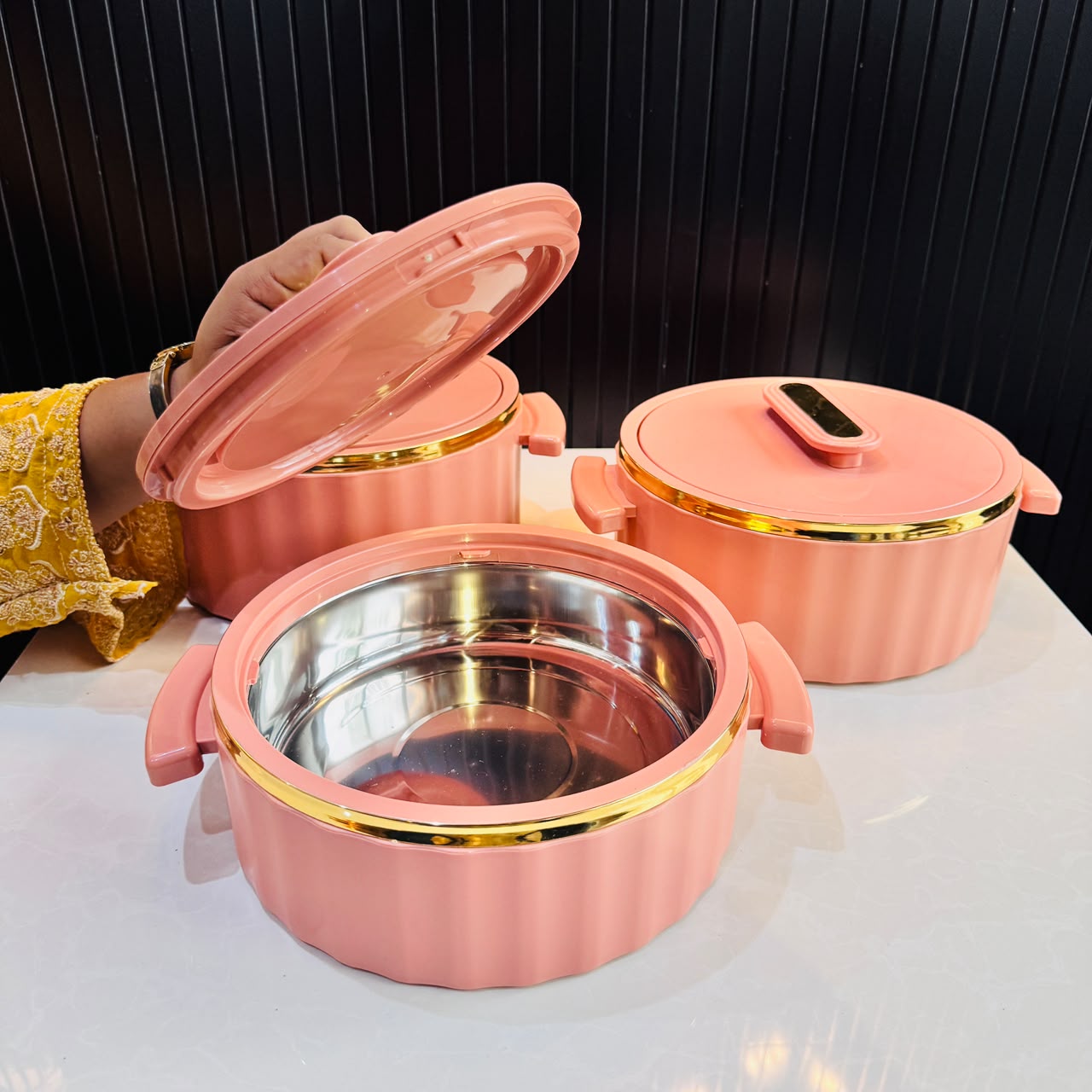 Keep Food Warm Hot Pots - Peach Pink with Golden Rim 3 different size
