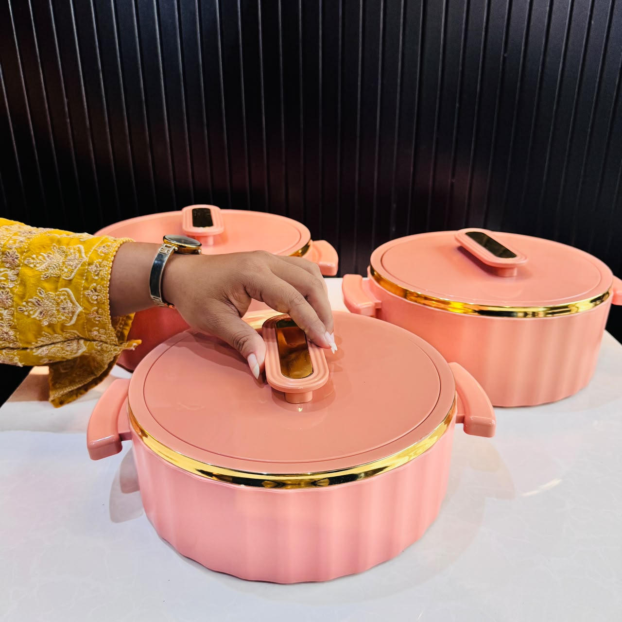 Keep Food Warm Hot Pots - Peach Pink with Golden Rim 3 different size
