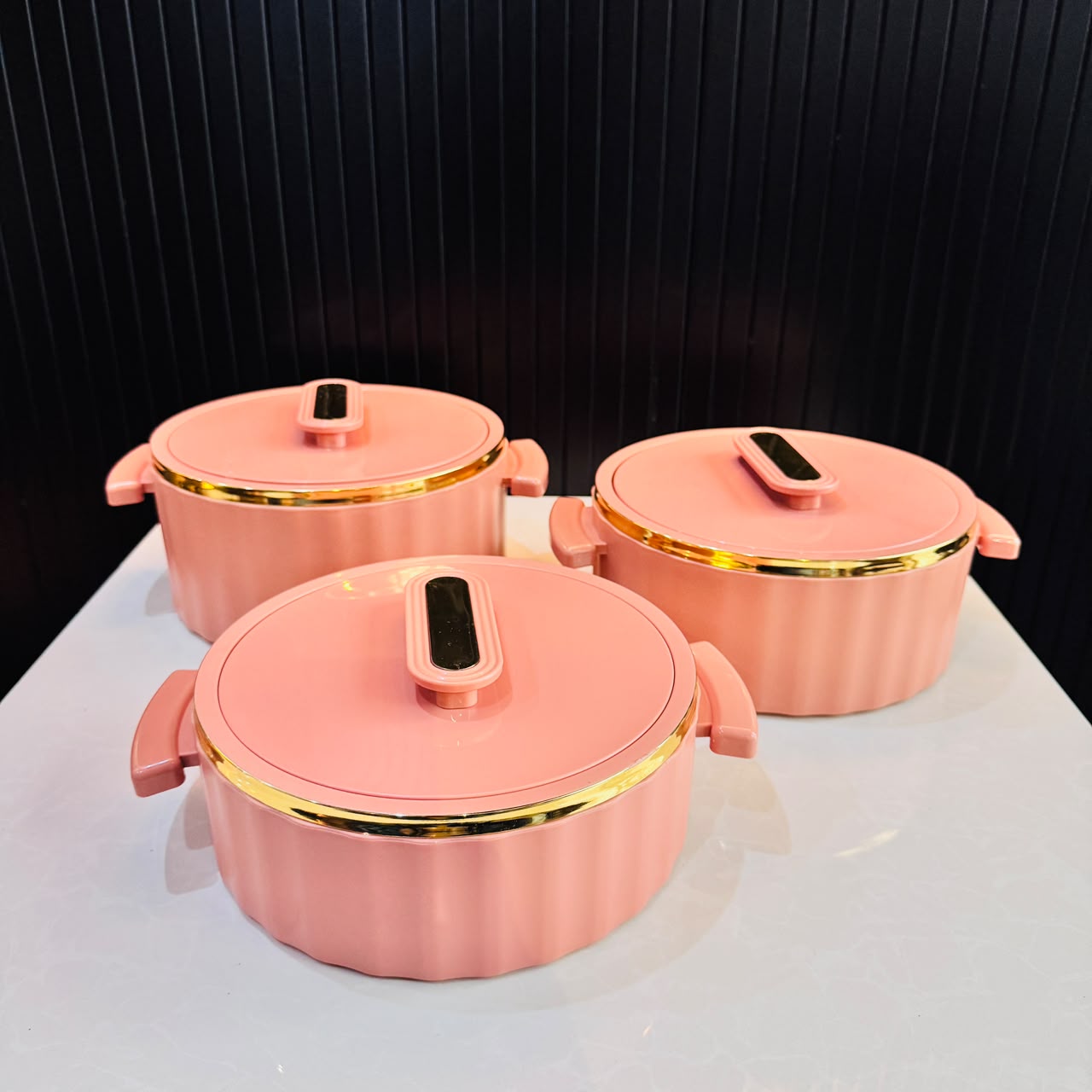 Keep Food Warm Hot Pots - Peach Pink with Golden Rim 3 different size